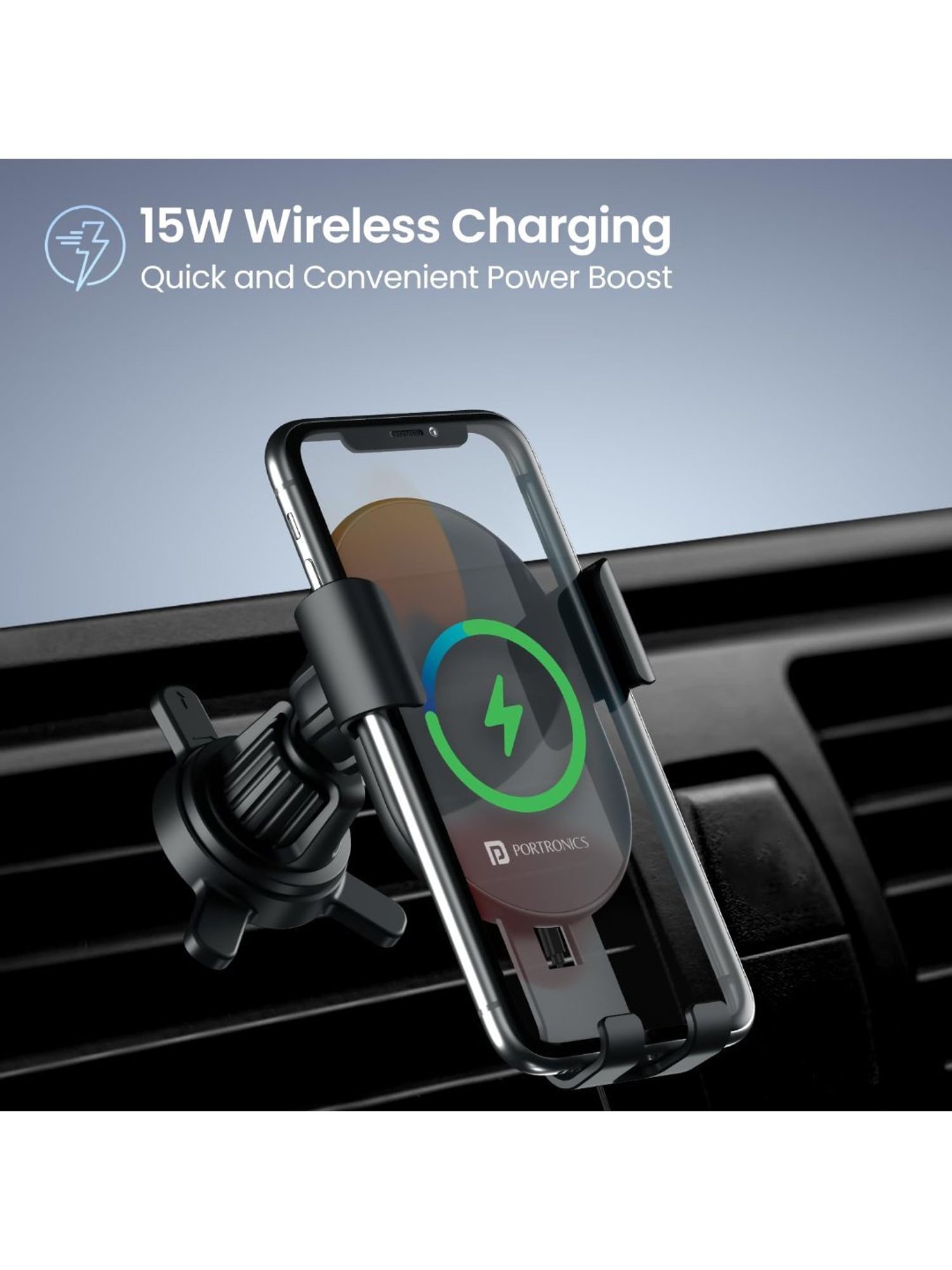Portronics Charge Clamp 4 Wireless Car Charger with 15 W, 360 Degree Rotation (Black)