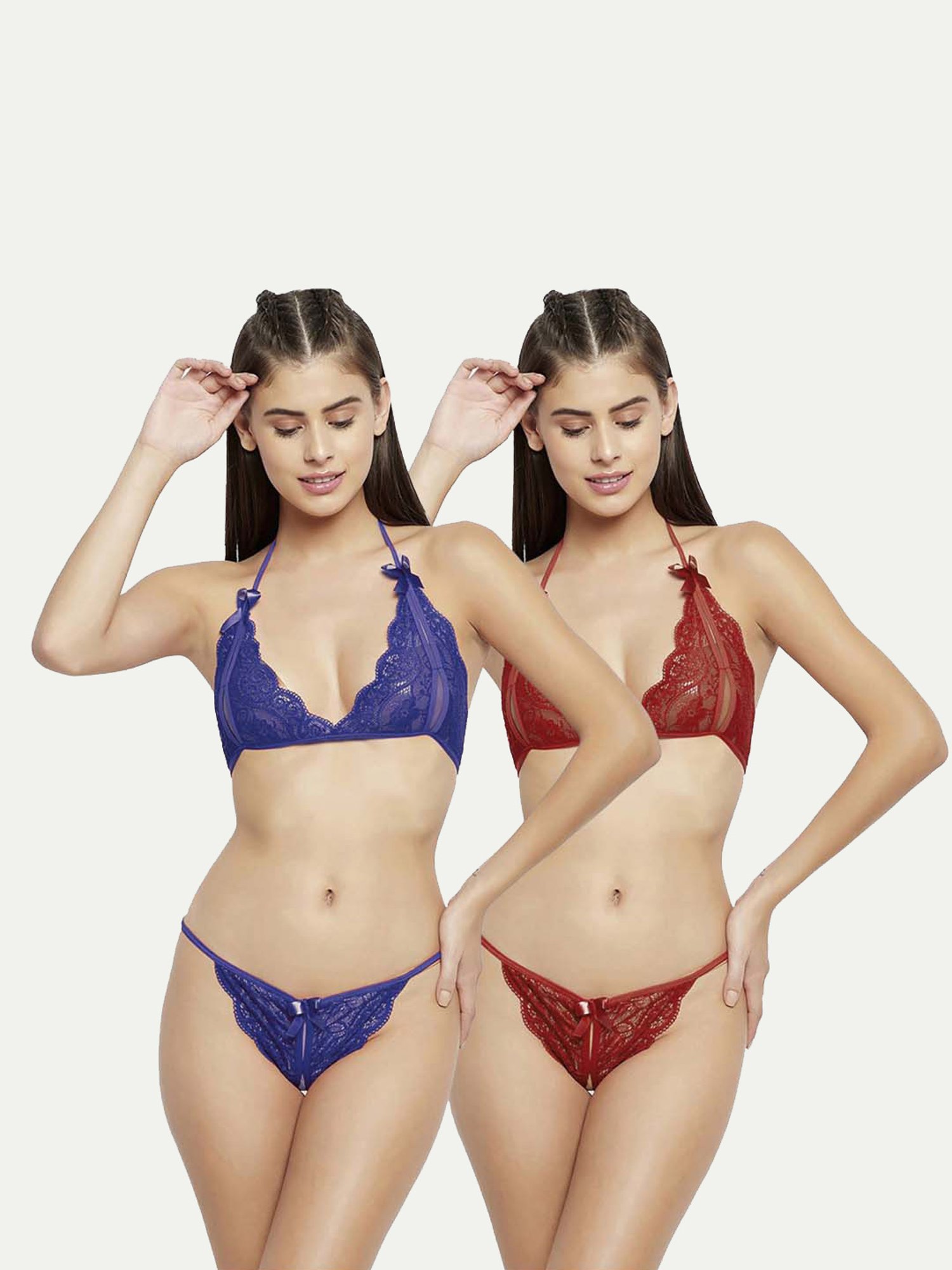 AROUSY Blue & Maroon Self Pattern Bikini Bra Panty Set - Set Of 2