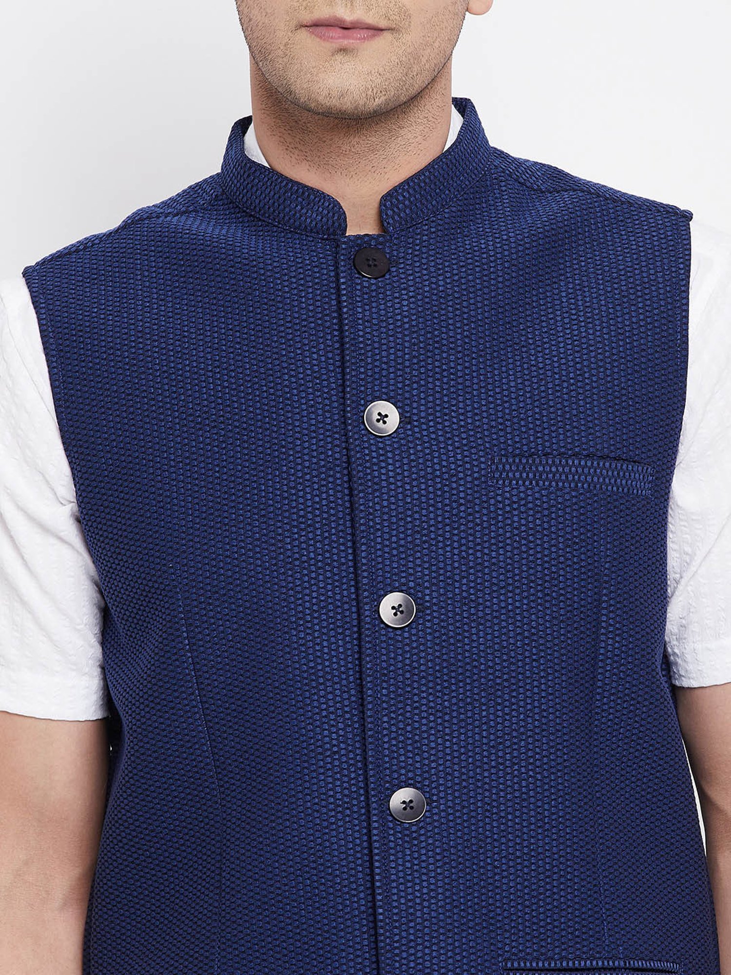 Even Navy Mandarin Collar Textured Nehru Jacket