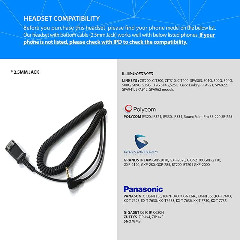 IPH165 Binaural NC Headset with 25mm Jack for Polycom IP 320321330 Cisco SPAGrandstream GXPPanasonic KX Zultys Gigaset 25mm Jack3 Poles Port with Phones No Smart Phone use