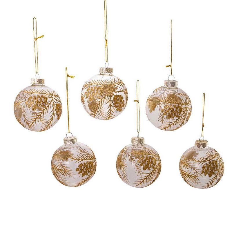 Kurt Adler 80MM Clear with Gold Pinecones Glass Ball Ornaments, 6-Piece Set
