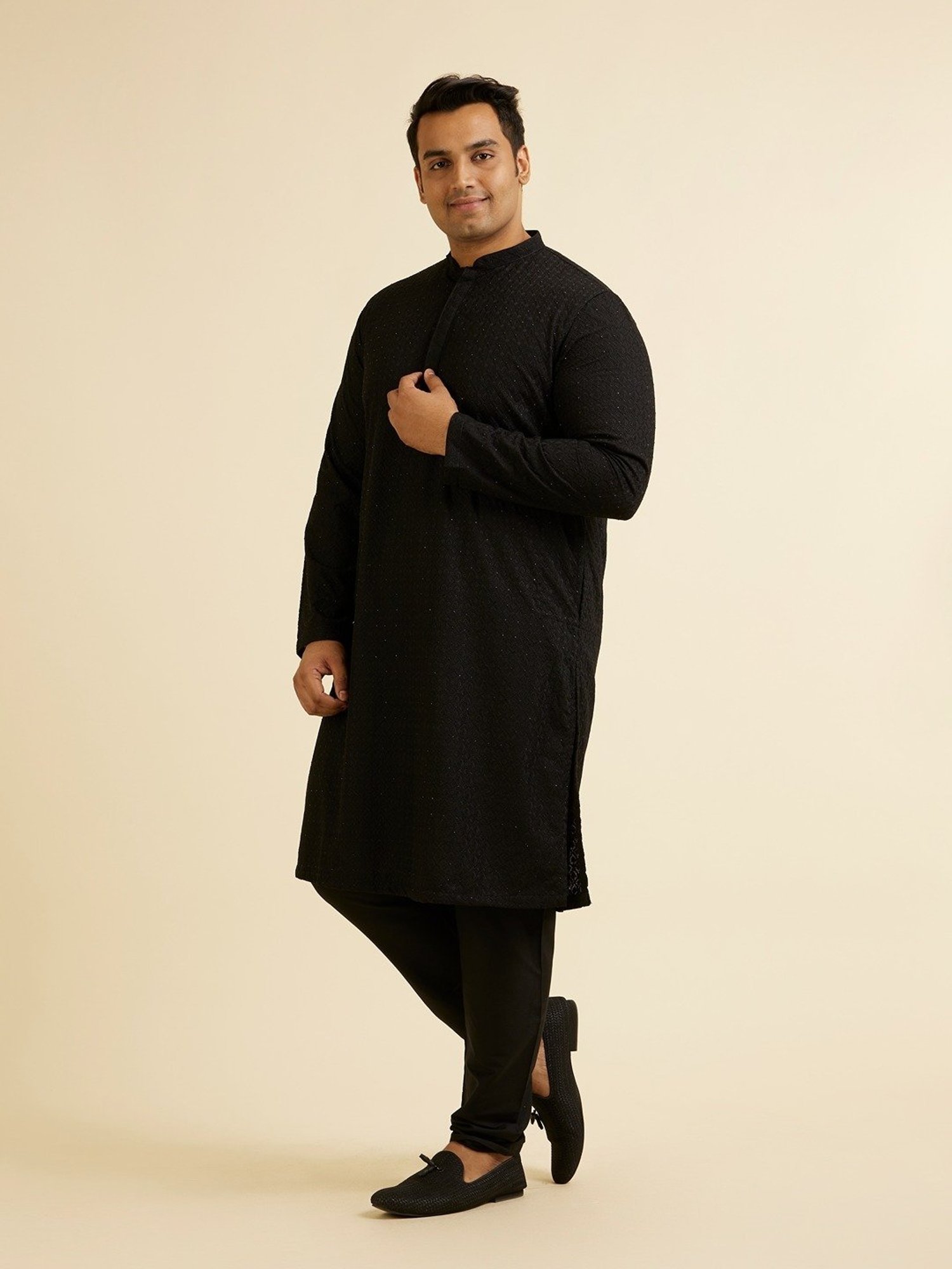 Manyavar Black Regular Fit Embroidered Plus Size Kurta and Pyjama Set