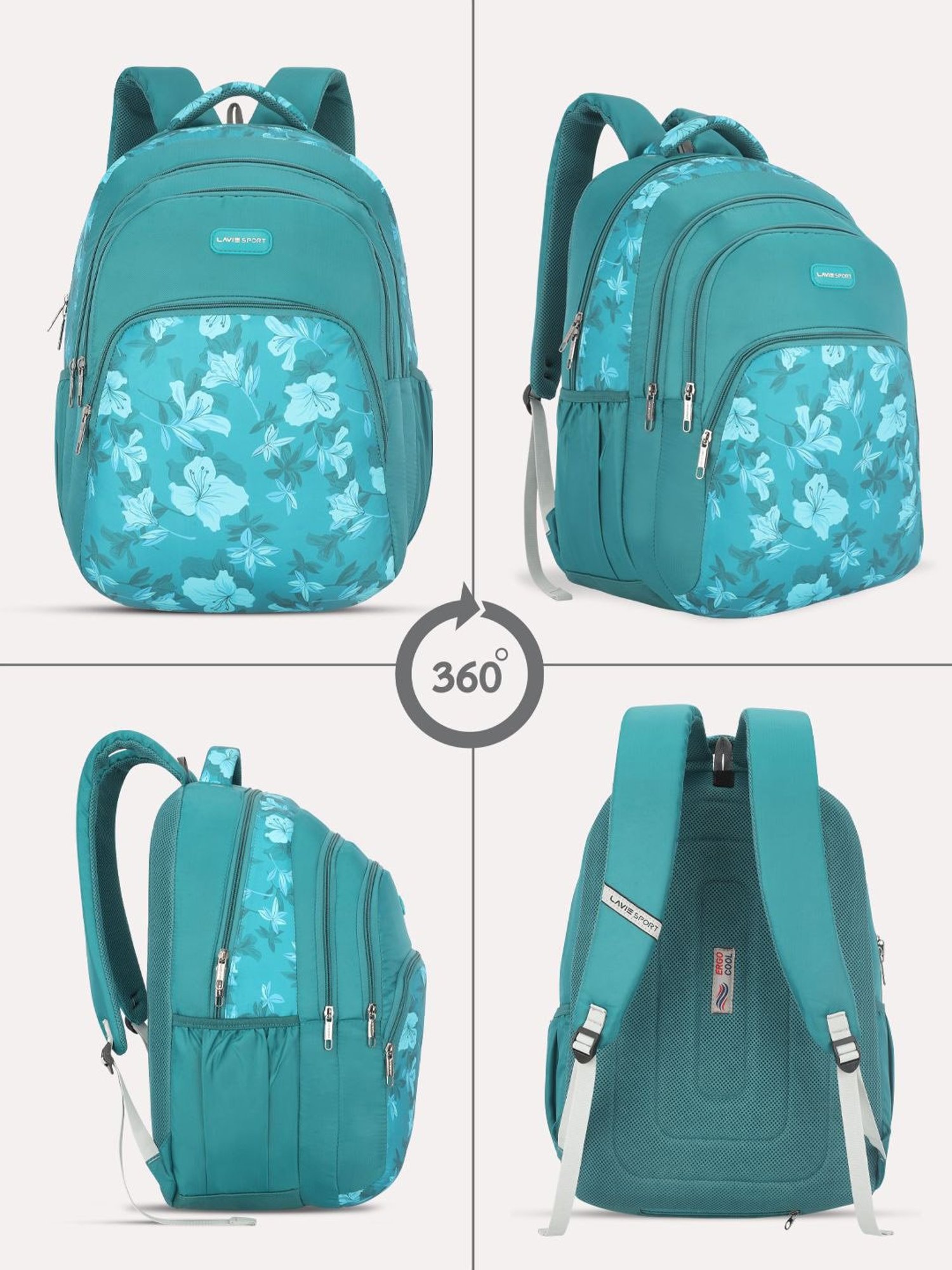 Lavie Sport Cherry Blossom 39L Printed School Backpack with Rain cover for Girls (Teal)
