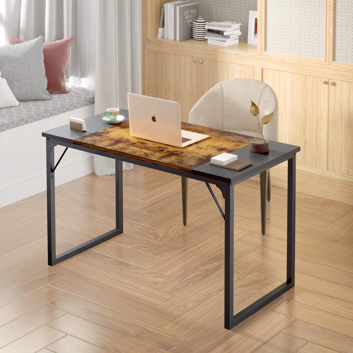 Computer Desk 39" with Splice Board, Study Writing Table for Home Office, Modern Simple Style PC Gaming Desk, Black and Rustic Brown