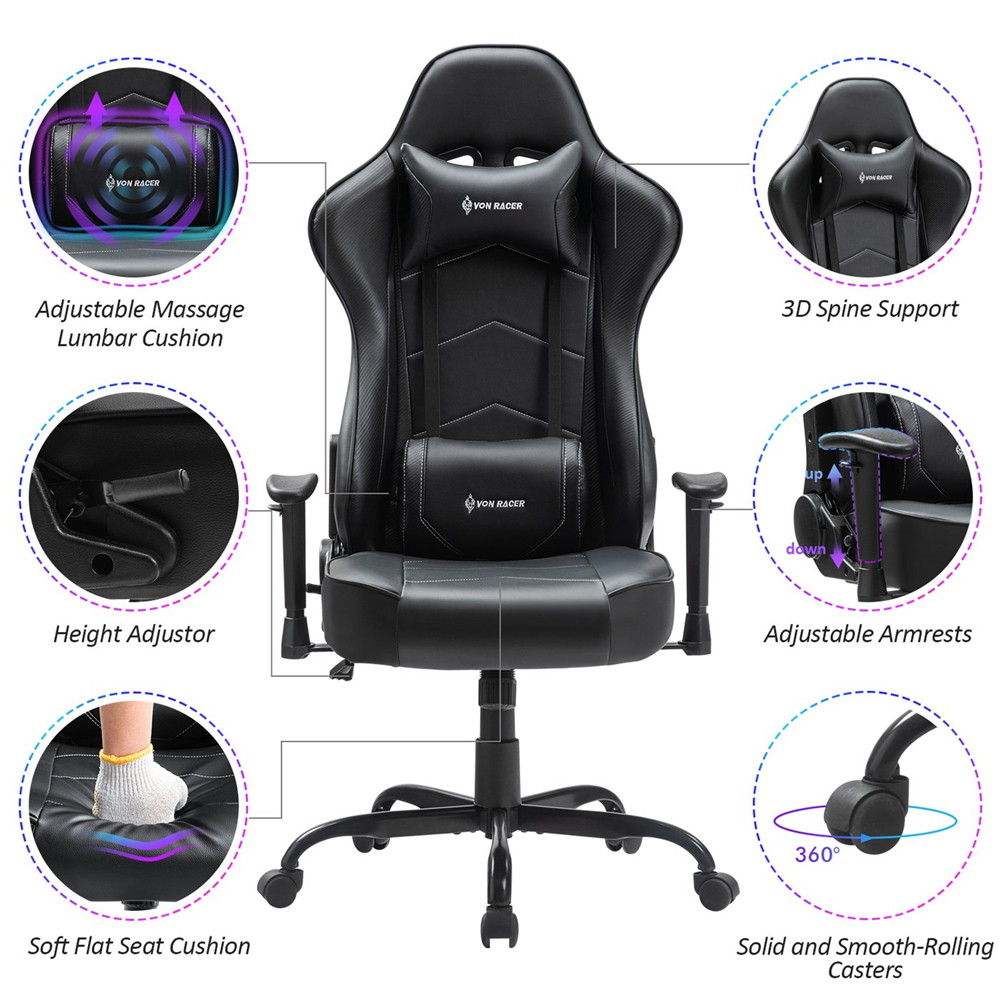 Gaming Chair, Racing Style Computer Desk Chair Padded Armrests Ergonomic Lumbar Support Adjustable Height