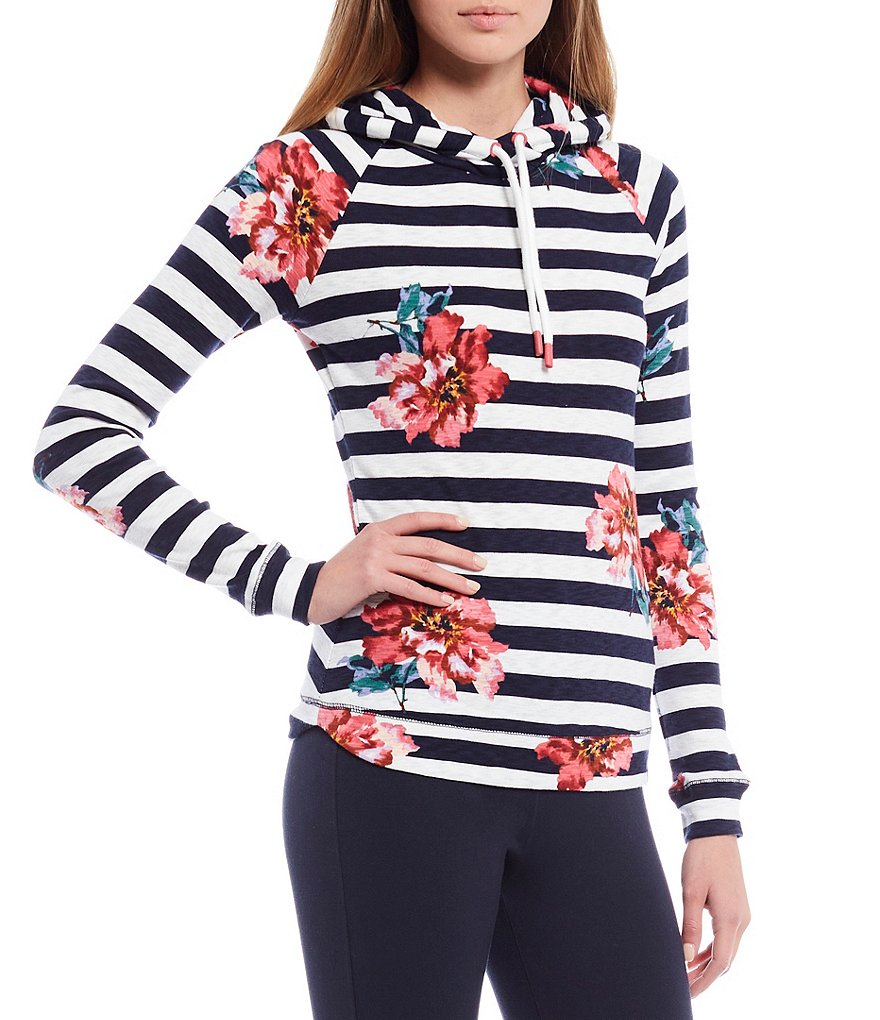 Joules Marlston Striped Floral Print Hooded Sweatshirt