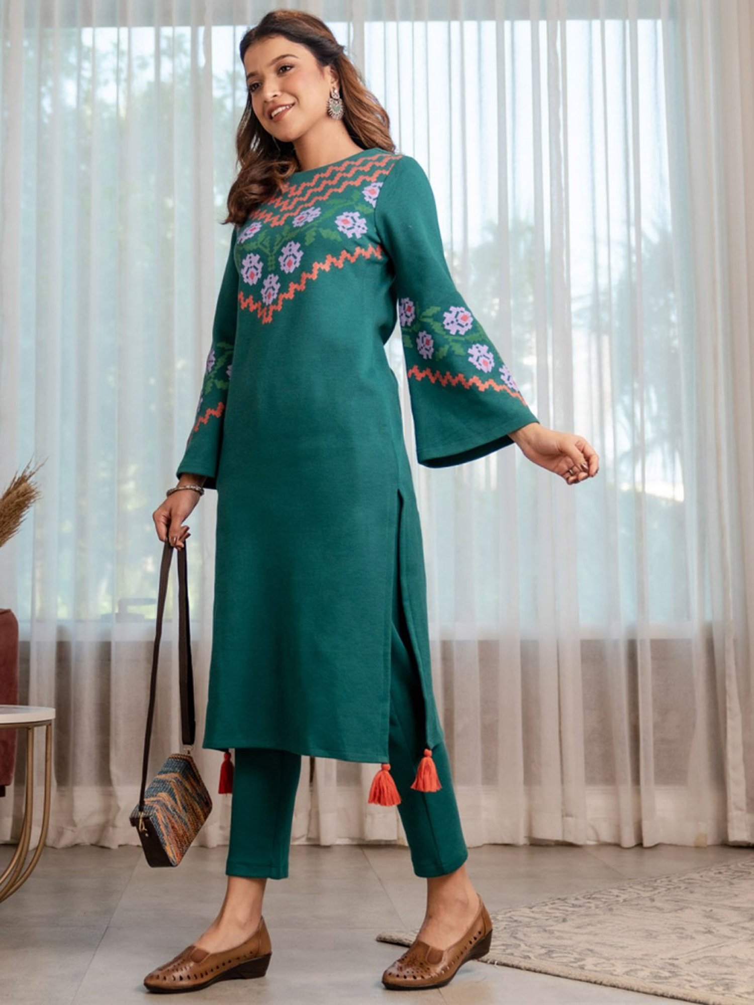 Rustorange Green Printed Straight Kurta