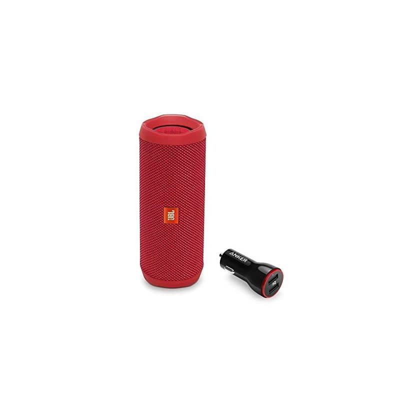 Flip 4 Portable Bluetooth Wireless Speaker Bundle with Anker PowerDrive 2 2-Port USB Car Charger - Red