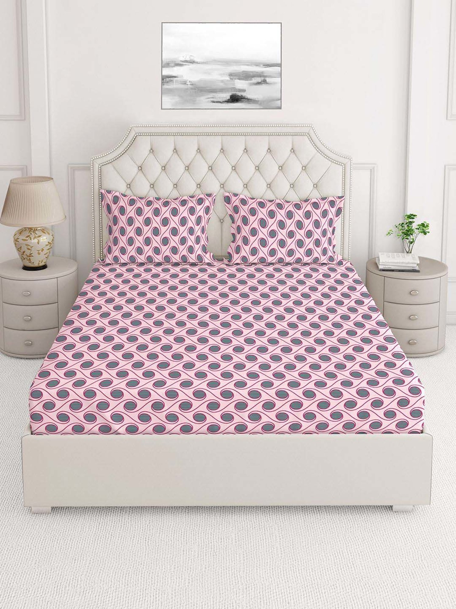 Layers Firenze Pink Cotton 140 TC Double Size Bed Sheet with Pillow Cover
