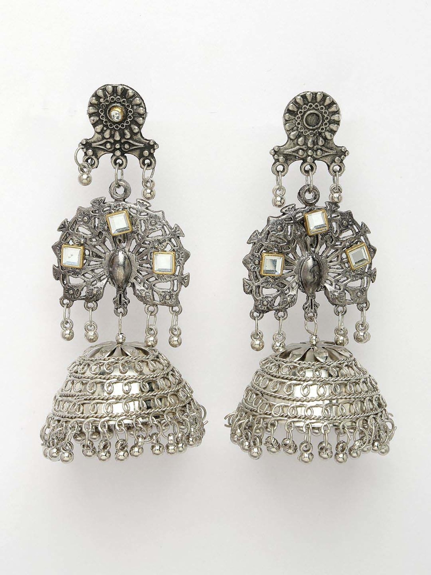 NVR Silver Plated Mirror Work Contemporary Oxidized Jhumki Earrings for Women