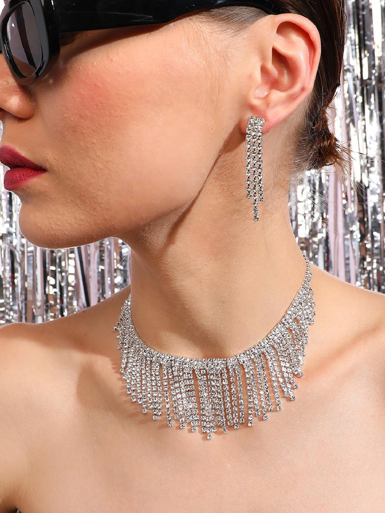 Sohi Silver Plated Designer Party Necklace and Earring Set For Women