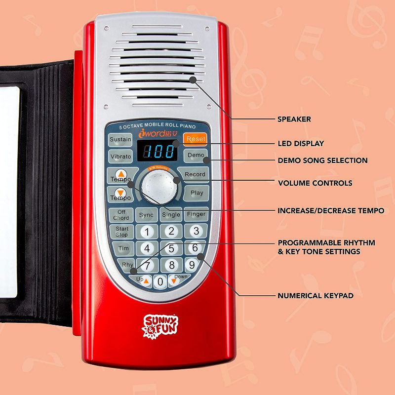 Sunny & Fun 61-Key Roll-Up Piano with Speaker | Battery Operated Portable Electronic Keyboard with 128 Instrument Sounds, 128 Rhythms, 30 Demo Songs, Play-Along Mode, USB Cable & Carry Case