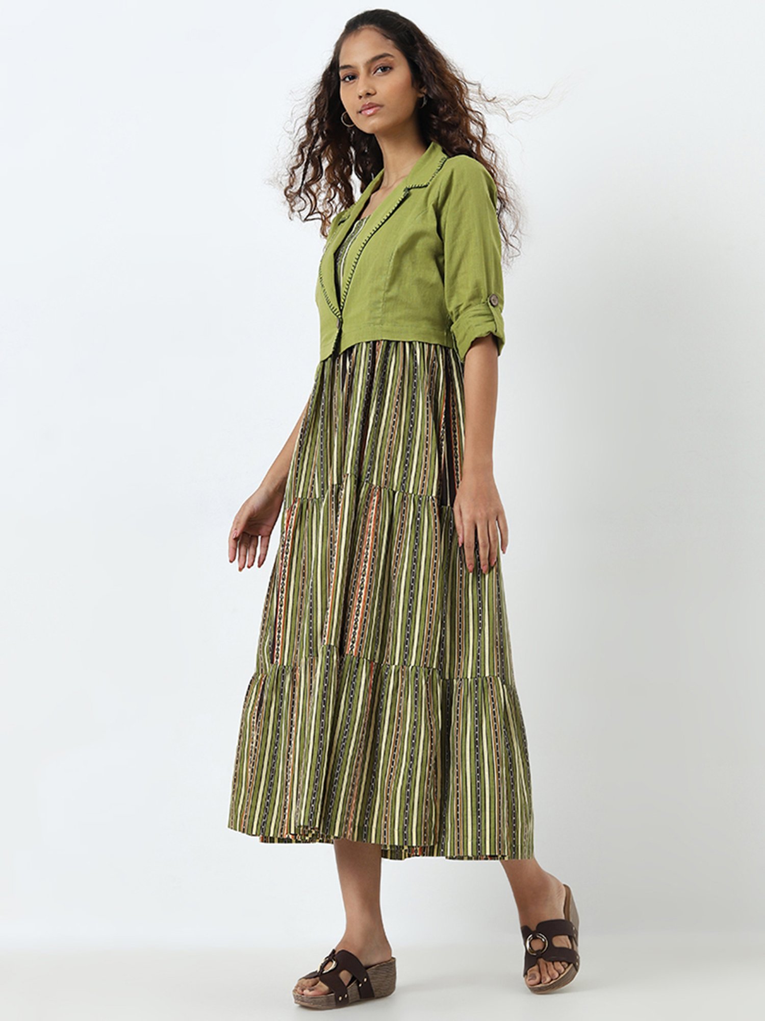 Bombay Paisley by Westside Green Tiered Cotton Dress with Jacket