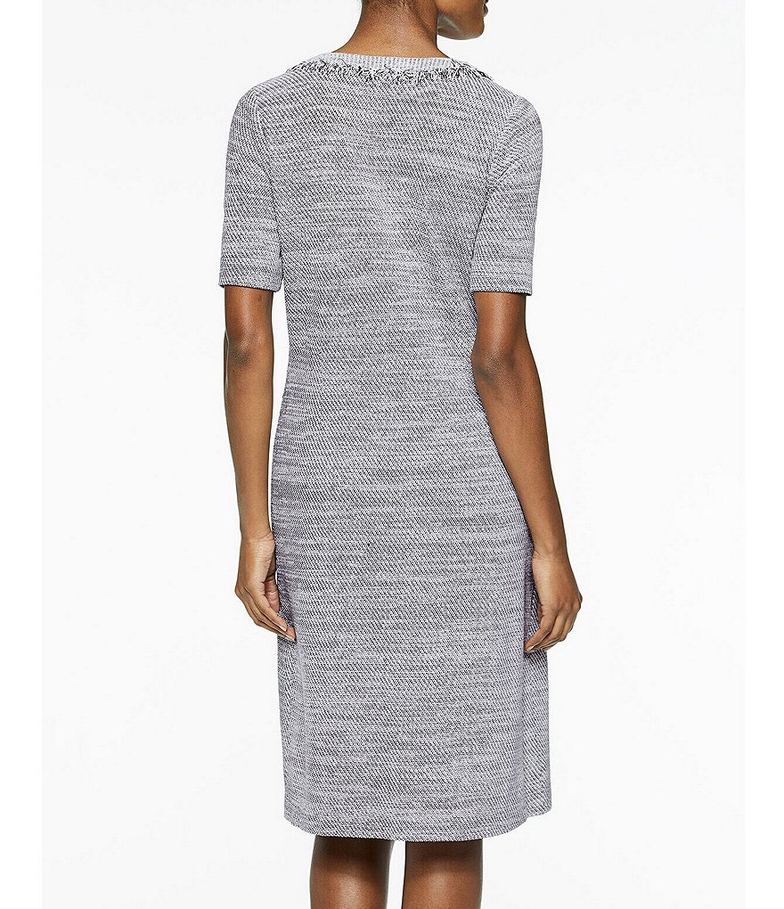 Ming Wang Birdseye Knit Fringe Trim Short Sleeve Knit Dress