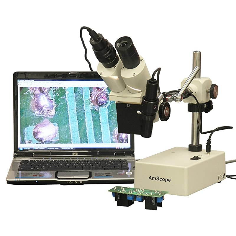 SE420ZE Digital Professional Binocular Stereo Microscope WF10x and WF20x Eyepieces 20X and 40X Magnification 2X Objective Tungsten Lighting BoomArm Stand 110V120V Includes 03MP Camera and Software