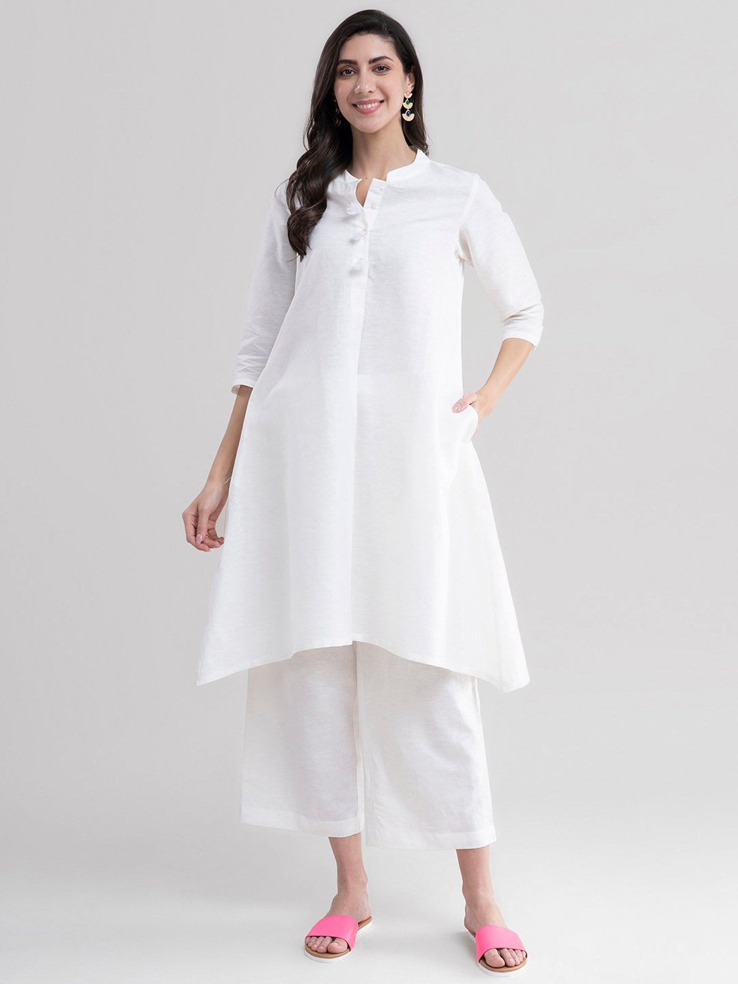 Pink Fort White Linen Kurta Palazzo Set
