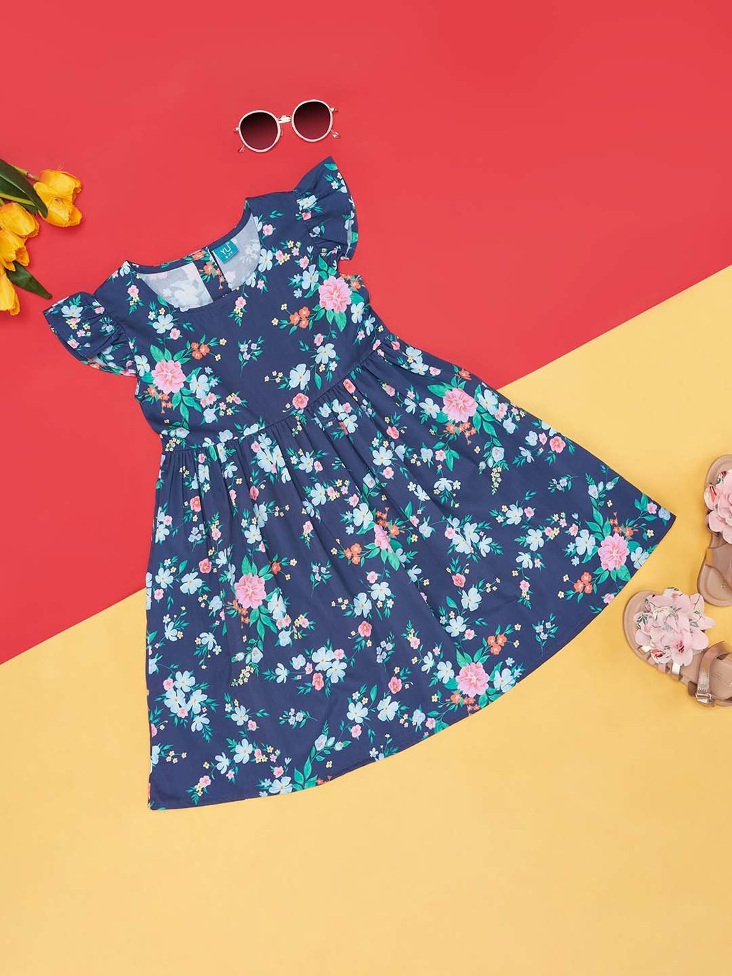 YU by Pantaloons Kids Navy & Pink Cotton Floral Print Dress