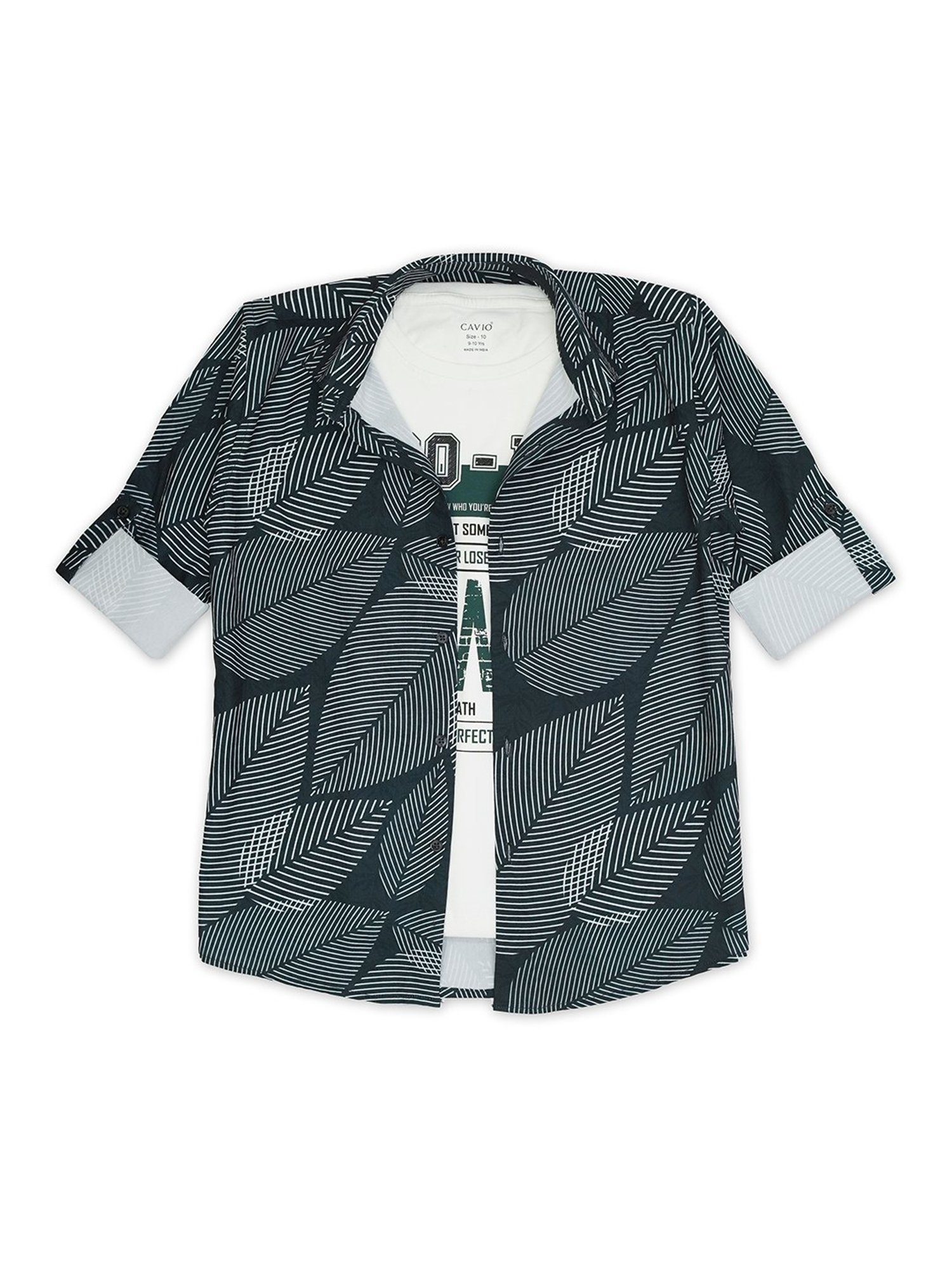 Cavio Kids Green Printed Full Sleeves Shirt with T-Shirt