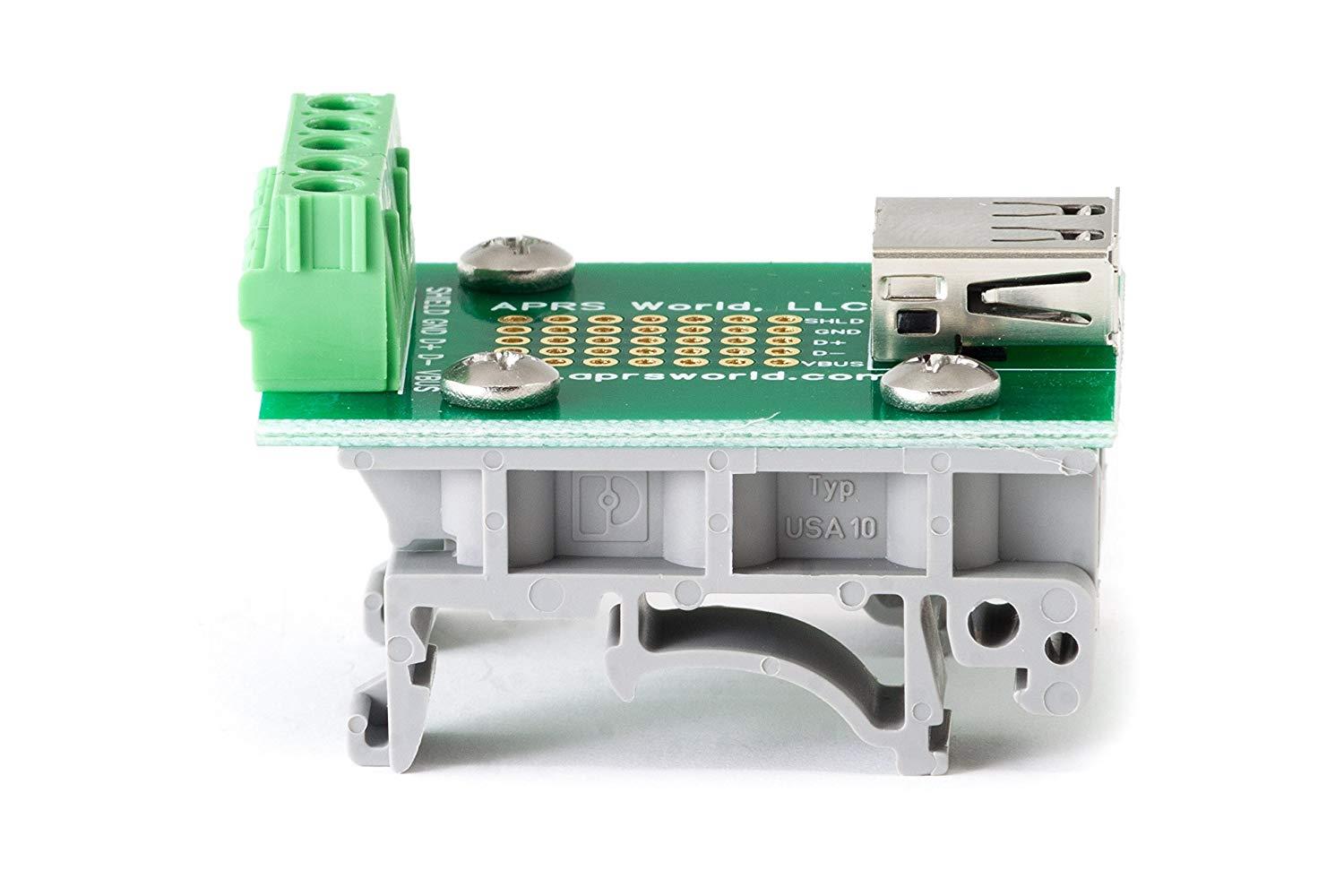 USB A Jack Breakout Board to Screw Terminals with DIN Rail Clips