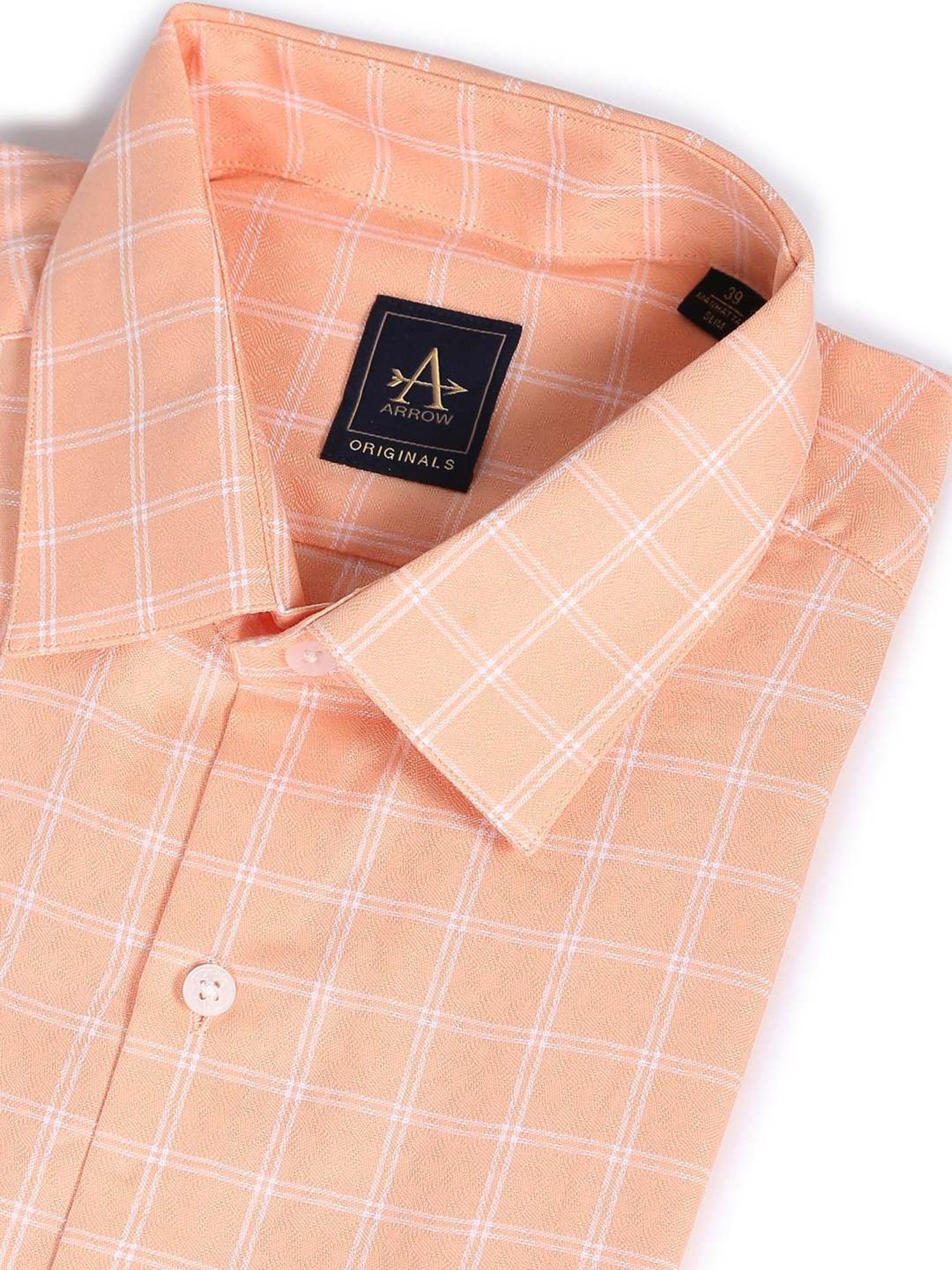 Arrow Orange Cotton Slim Fit Checks Shirt