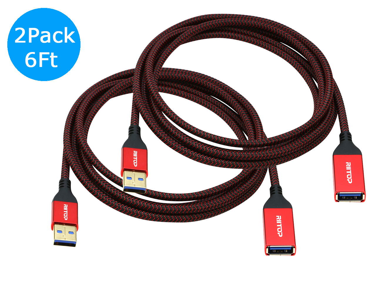 USB 3.0 Extension Cable, RIITOP USB 3.0 Type A Male to Female Extender 5Gbps Nylon Braided Cord (6.6FT,2-Pack)
