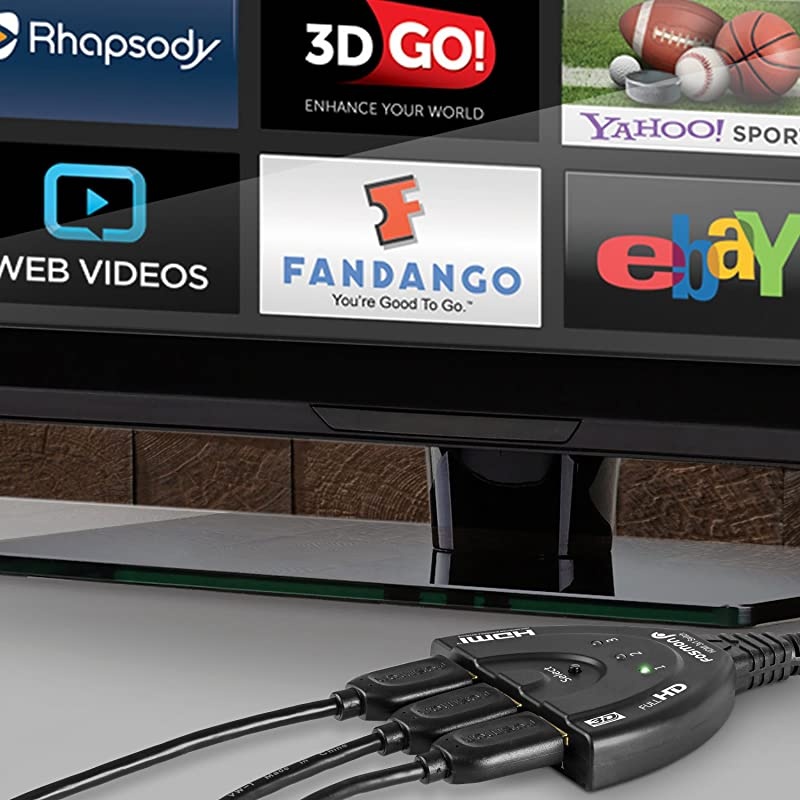 3-Port HDMI Switcher, Intelligent 3x1 Auto Switch Selector Support Full HD 3D 1080p HDCP, 3 In 1 Out HDMI Splitter with 24K Gold Plated HDMI Cable for HDTV DVD PS3 PS4 Xbox One Bluray Apple TV