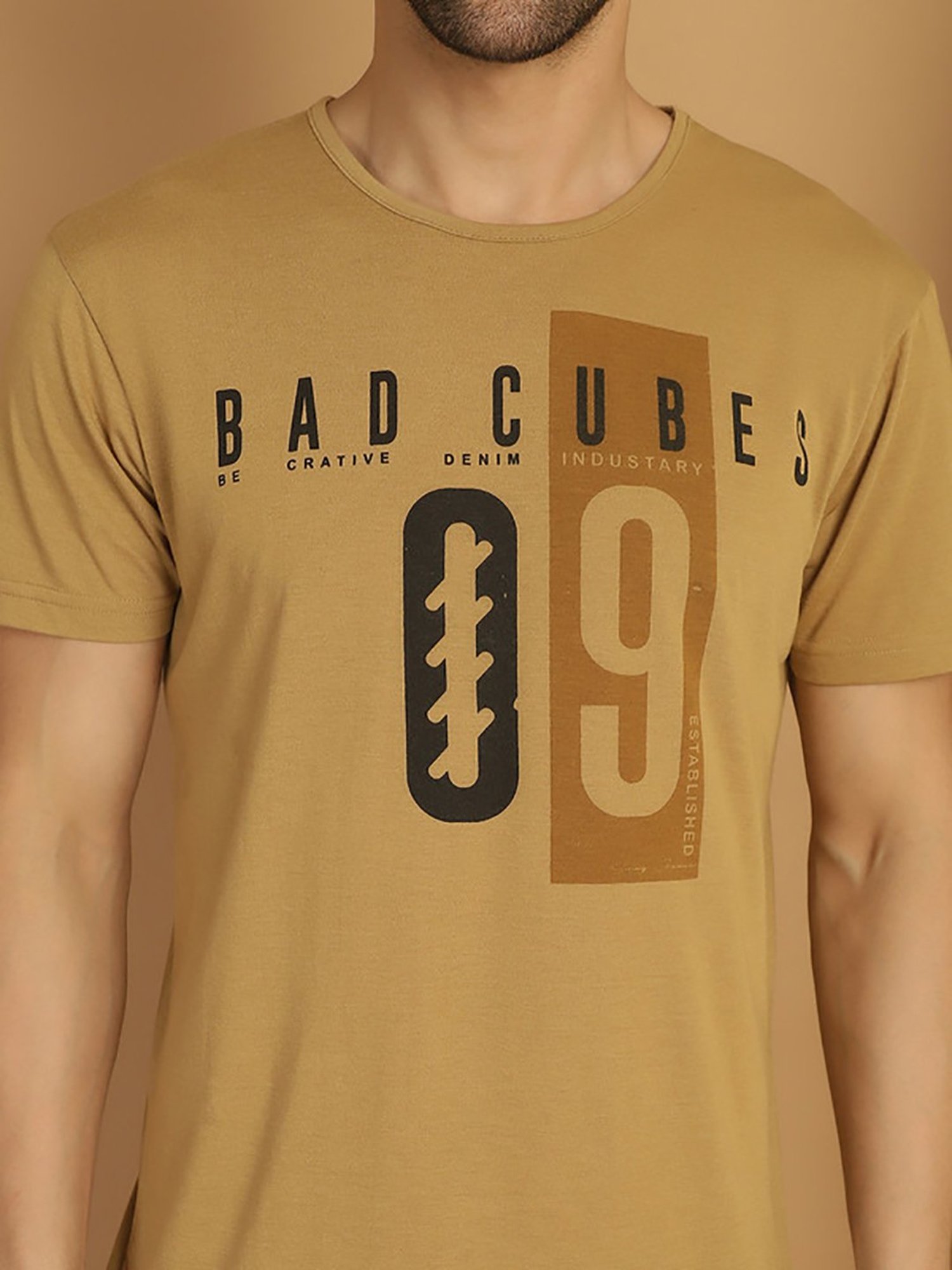 Vimal Jonney Beige Regular Fit Printed Crew T-Shirt