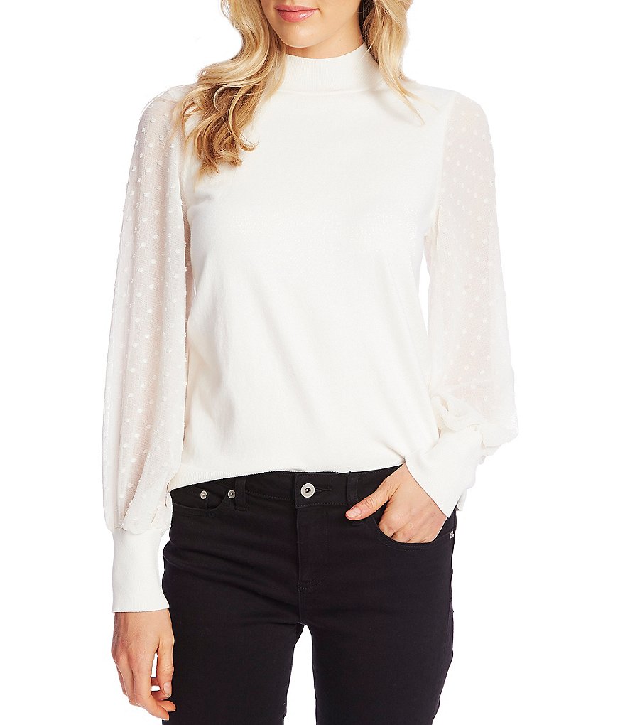 CeCe Mock Neck Long Sleeve Clip Dot Sweater