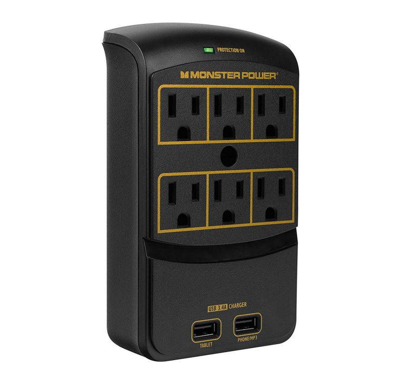 Monster Power - Gold 650 USB+, 6 AC Outlets, 2 USB 3.4AMP outlets, 1080 Joules, and FireProof MOV