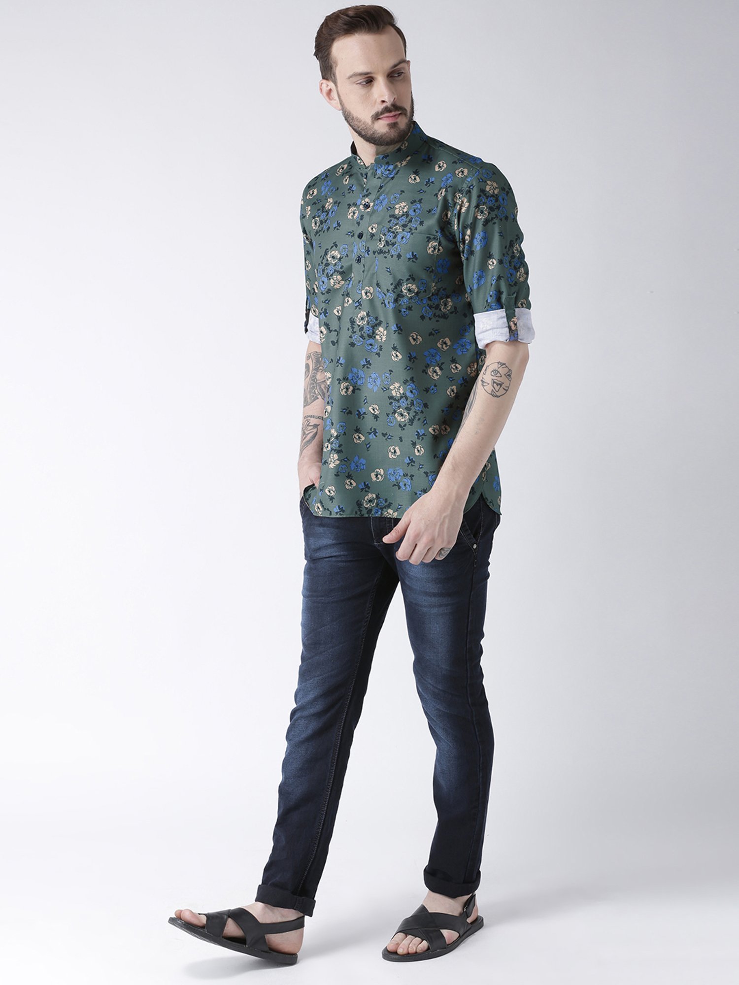 Hangup Plus Green Regular Fit Floral Print Short Kurta