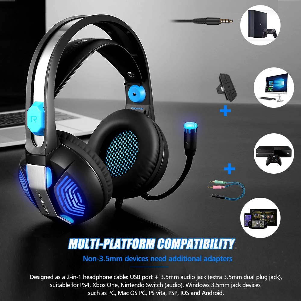Wired Gaming Headset with Xbox One(Adapter Not Included), PC, Laptop, PS5, PHOINIKAS H100 PS4 Headset with 7.1 Stereo Sound, Over Ear Headphone with Noise Canceling Mic & RGB Light, Gift for Kids