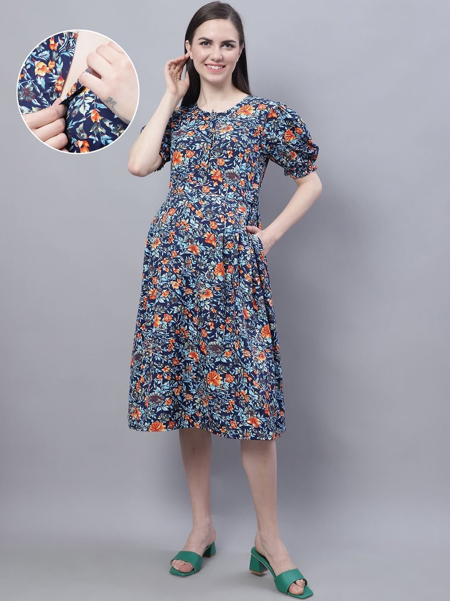 Moms Maternity Blue Printed Dress