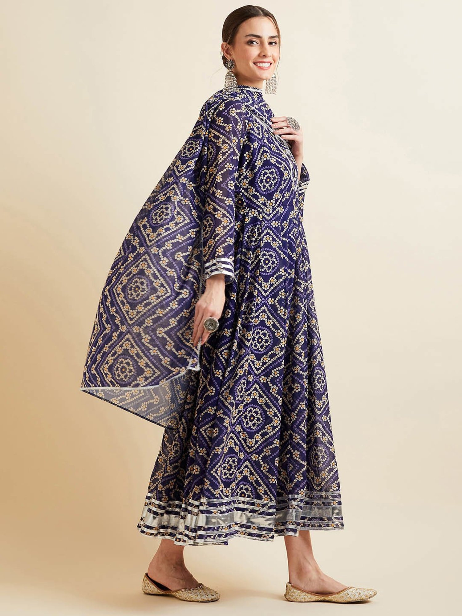 PANIT Blue Printed Ethnic Dress With Dupatta