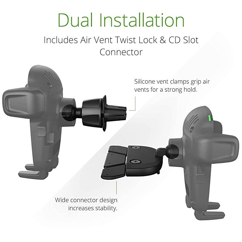 Wireless Car Charger Easy One Touch Wireless 2 Qi Charging CD Slot + Air Vent Combo Phone Mount for iPhone, Samsung Galaxy, Huawei, LG, Smartphones