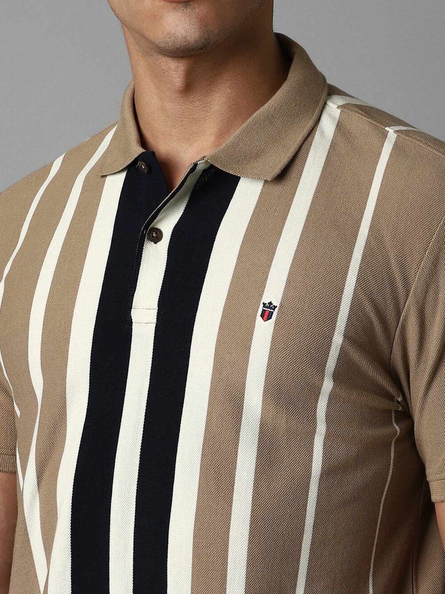 Louis Philippe Khaki Cotton Slim Fit Striped Polo T-Shirt