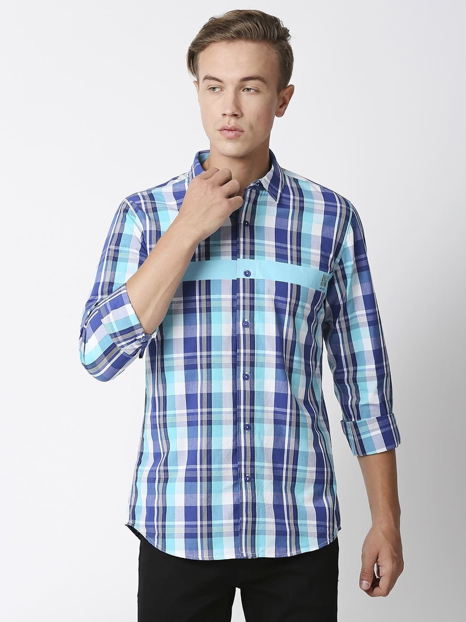 SOLEMIO Navy Cotton Slim Fit Checks Shirt