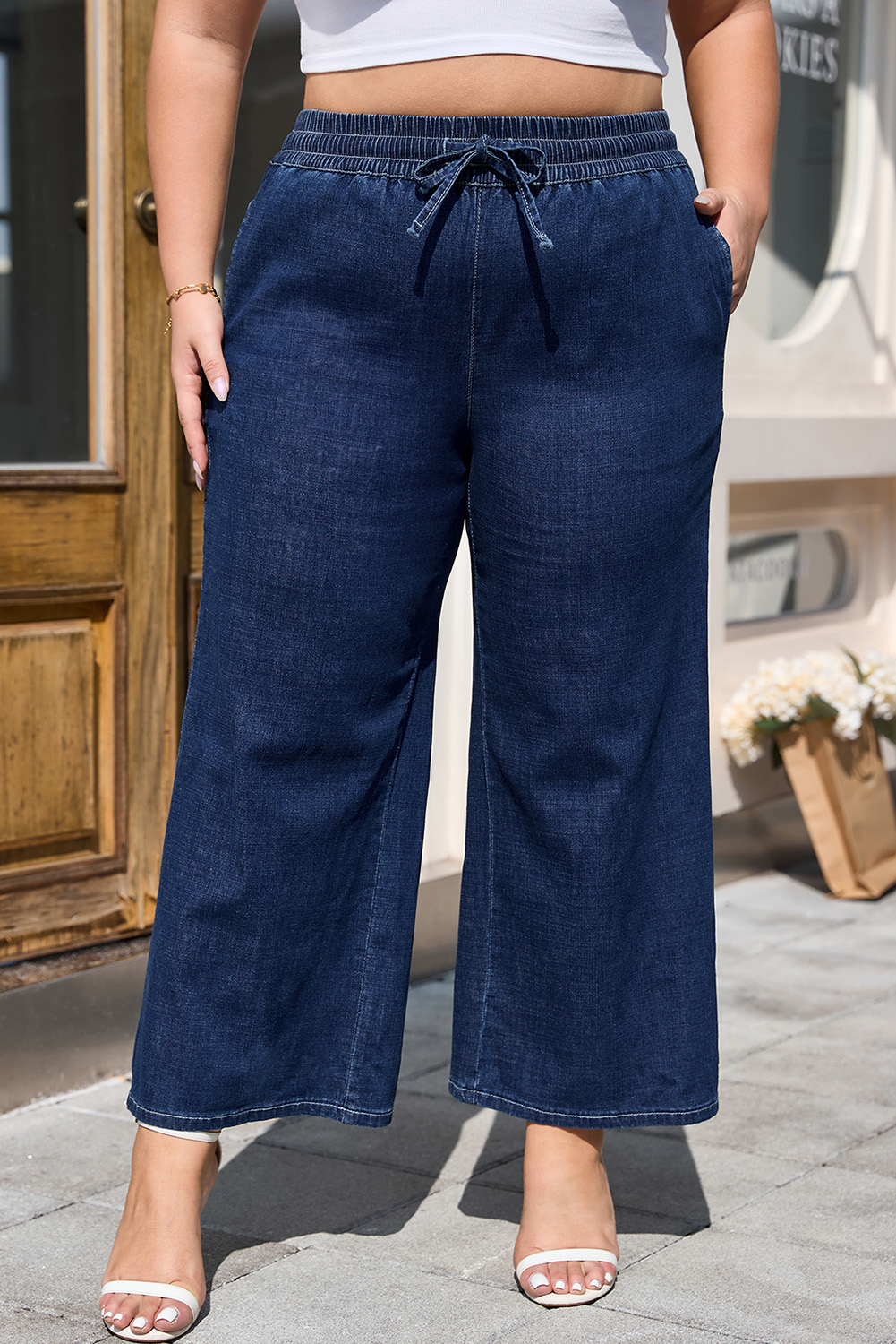 Dark Blue Plus Size Stitching Washed Flare Jeans