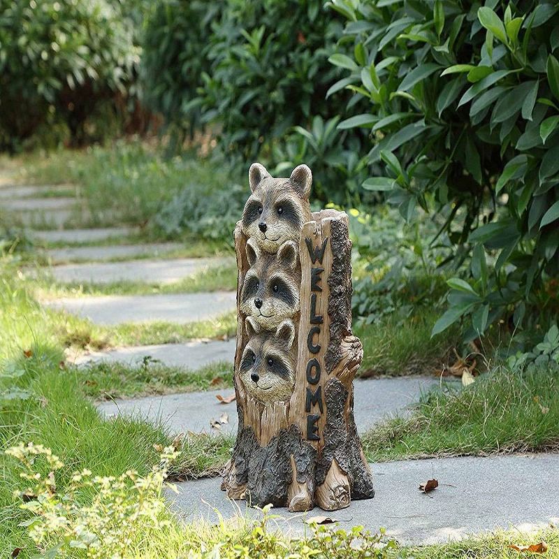 17" Polyresin Stacking Raccoon Welcome Sign Outdoor Statue Brown - Hi-Line Gift