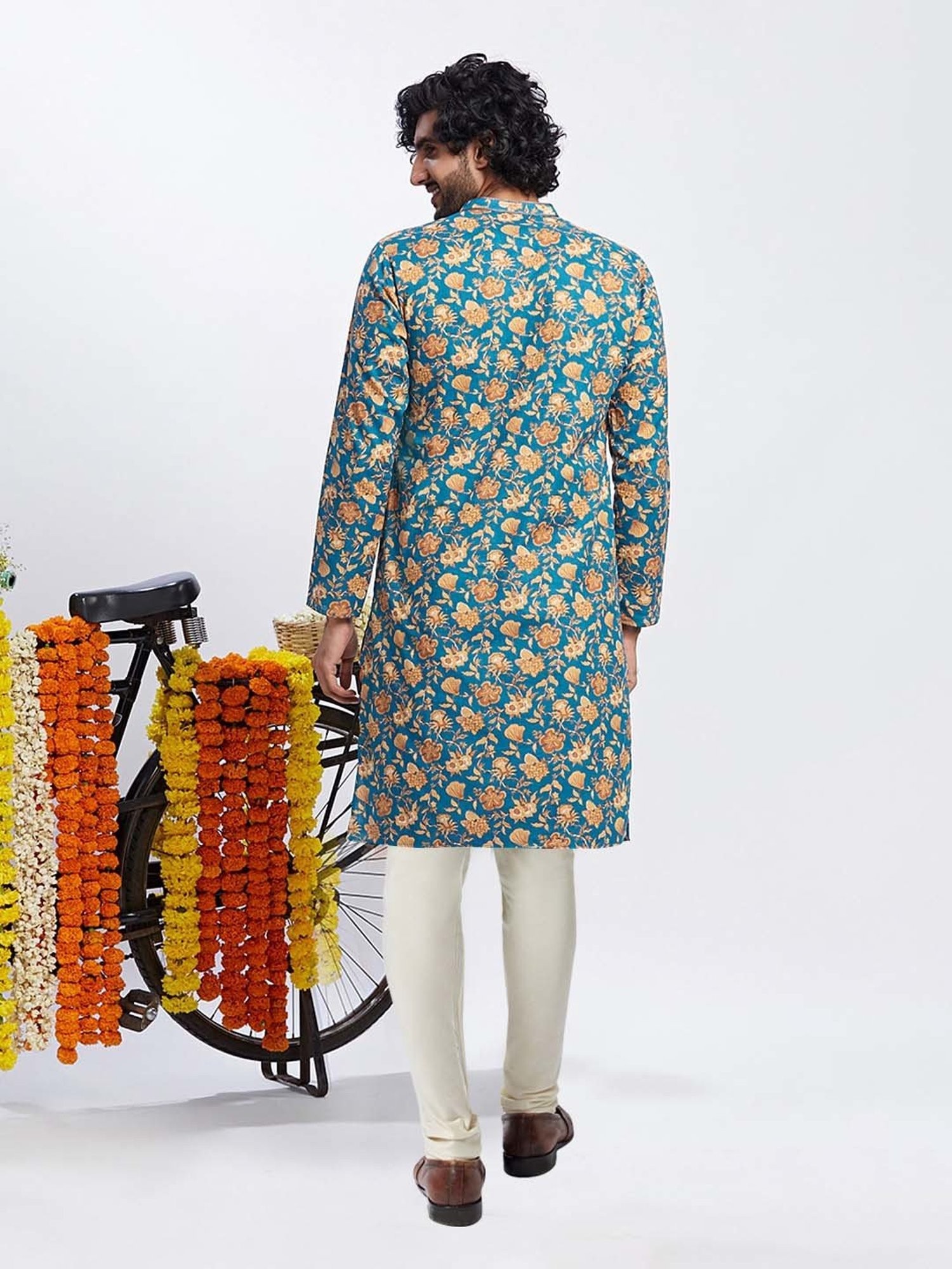 KISAH Blue & Cream Regular Fit Floral Print Kurta & Churidar Set