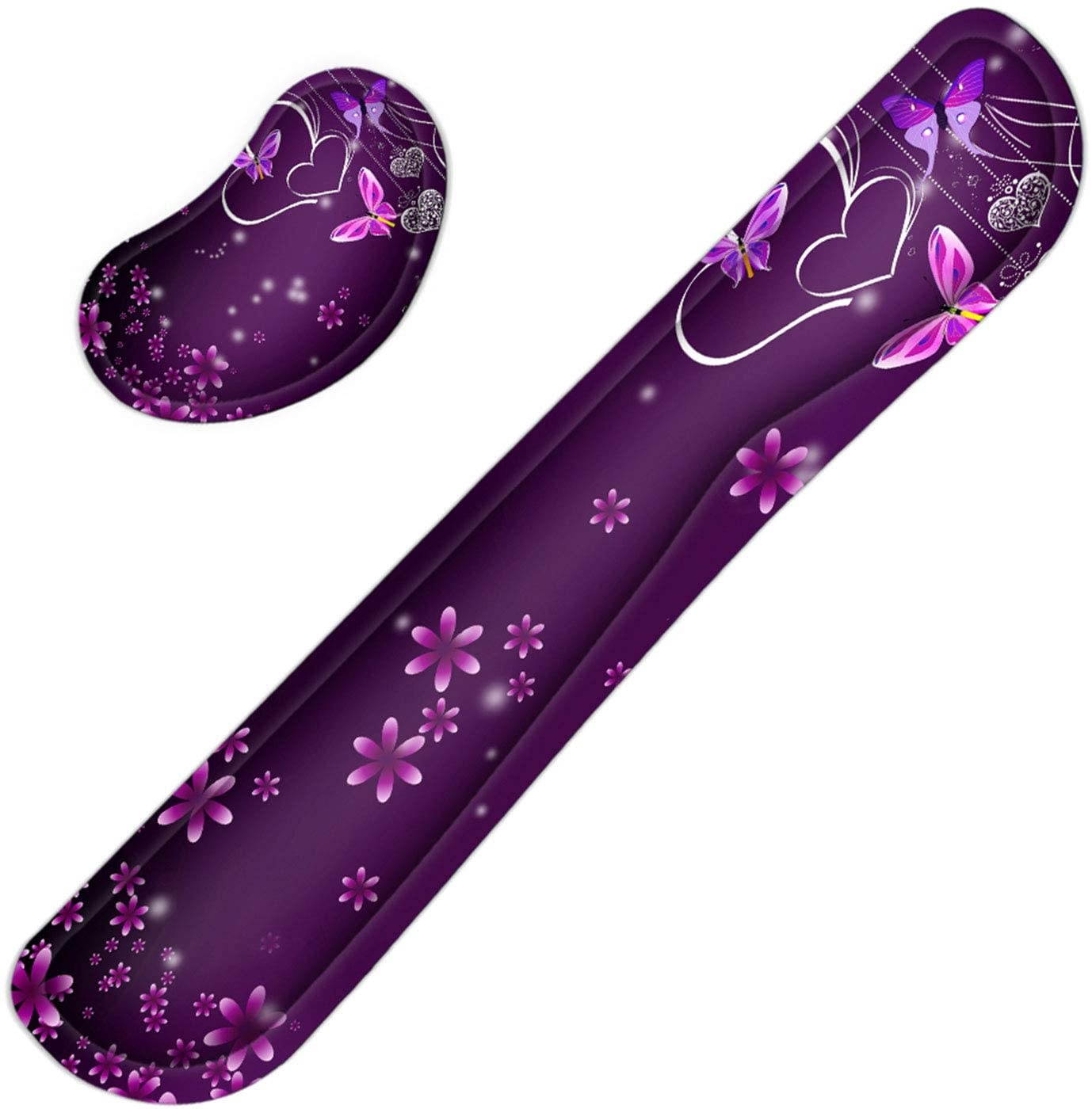 Meffort Inc Gaming Keyboard Wrist Pad & Mouse Wrist Rest Cushion Support Combo Set &ndash; Durable Ergonomic Anti Slip Non-Slip Base - Purple Heart Butterfly