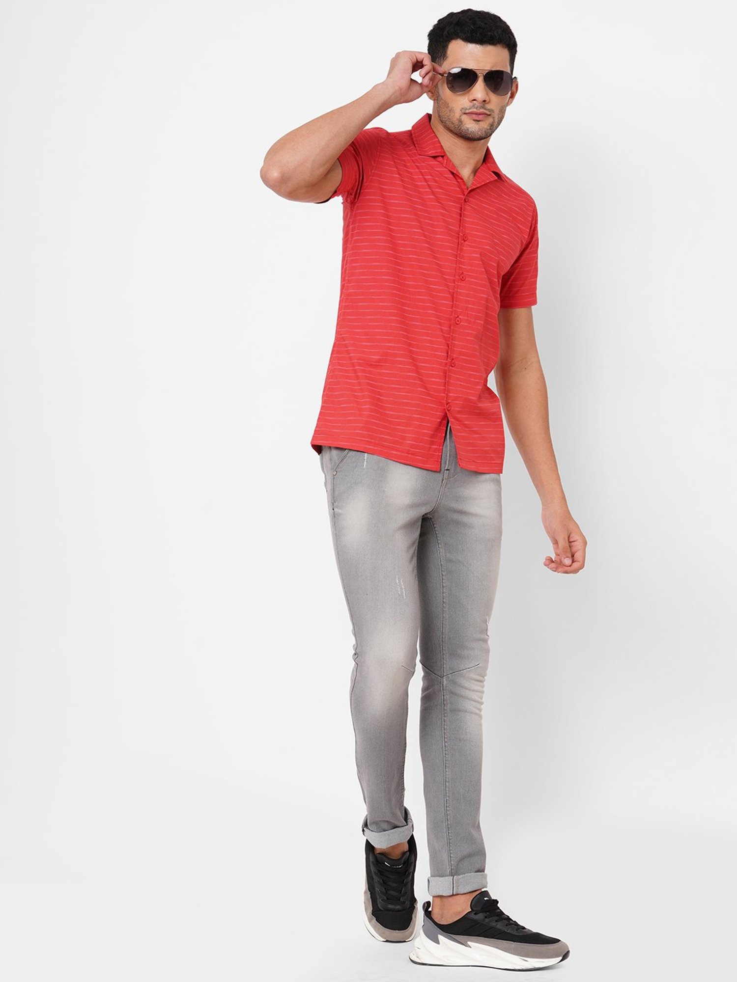 SOLEMIO Red Slim Fit Striped Shirt