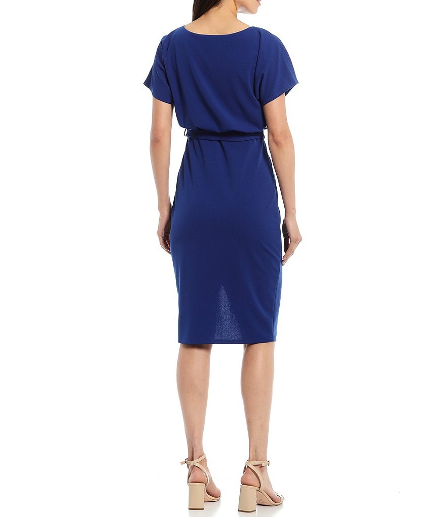 Kensie Textured Knit Boat Neck Tie Waist Short Sleeve Blouson Dress