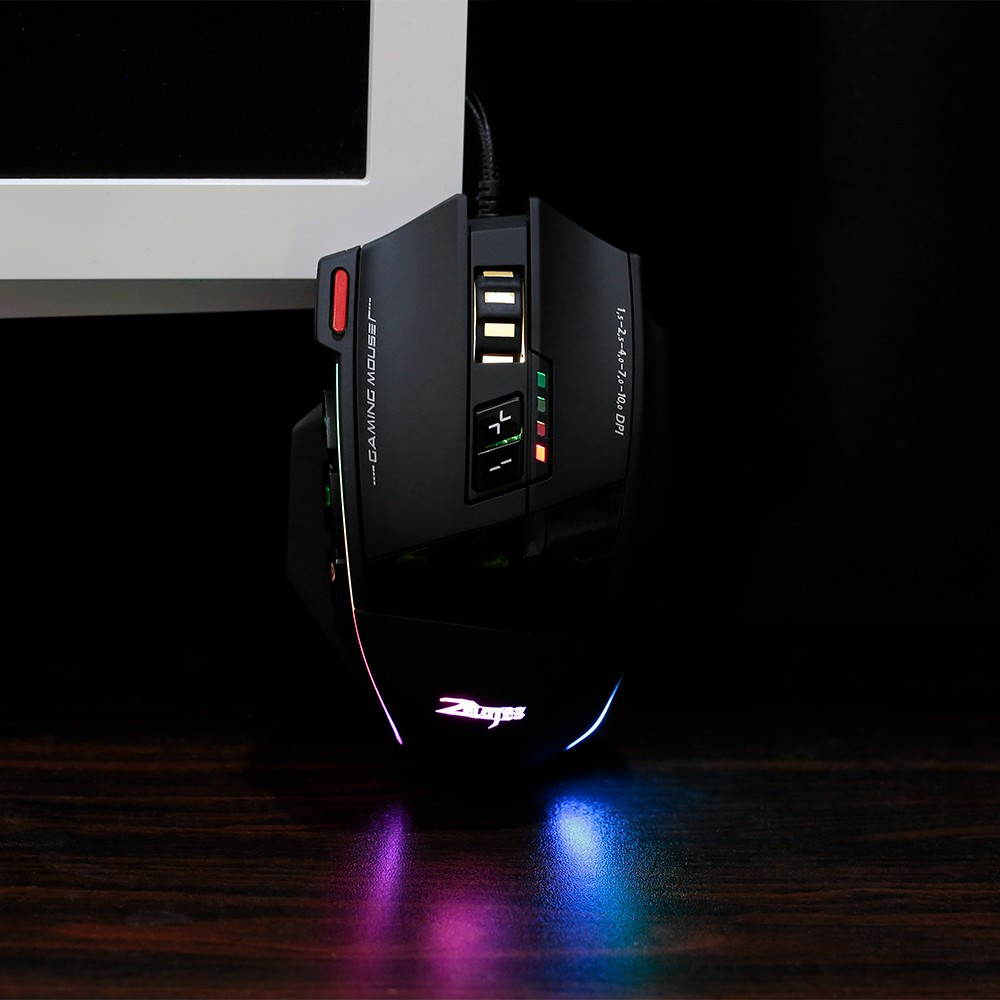 Zelotes C-13 Wired Gaming Mouse 13 Programming Keys Adjustable 10000DPI RGB Light Belt 128KB On-board Memory Built-in Counterweight Mechanism