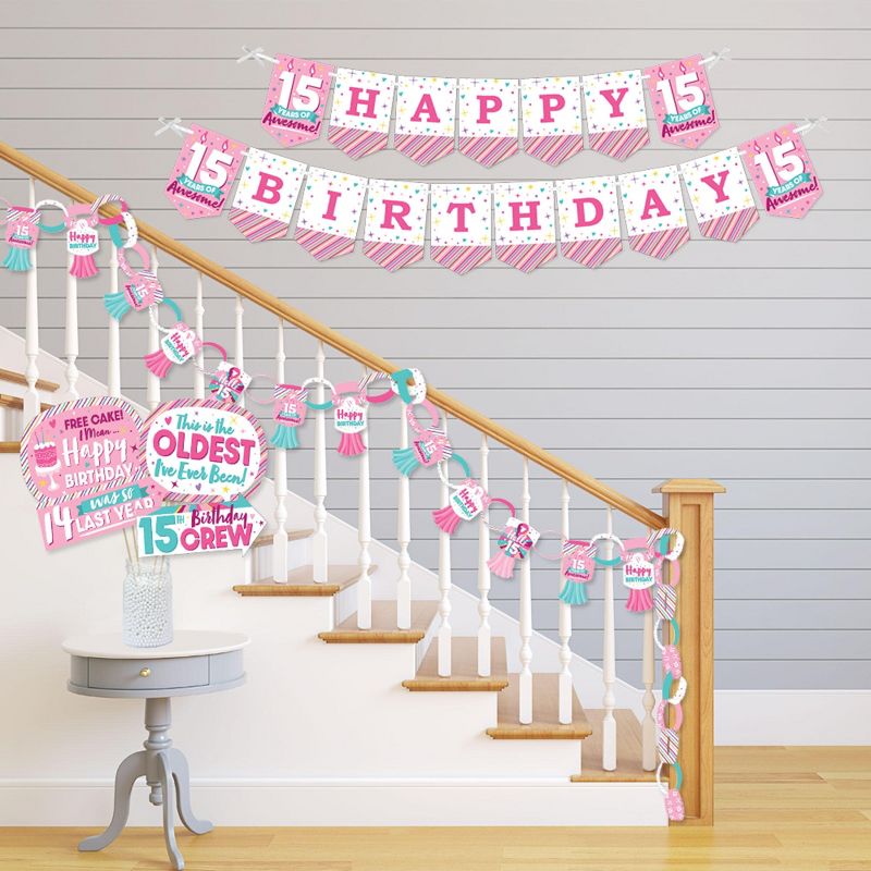 Big Dot of Happiness Girl 15th Birthday - Banner and Photo Booth Decorations - Teen Birthday Party Supplies Kit - Doterrific Bundle
