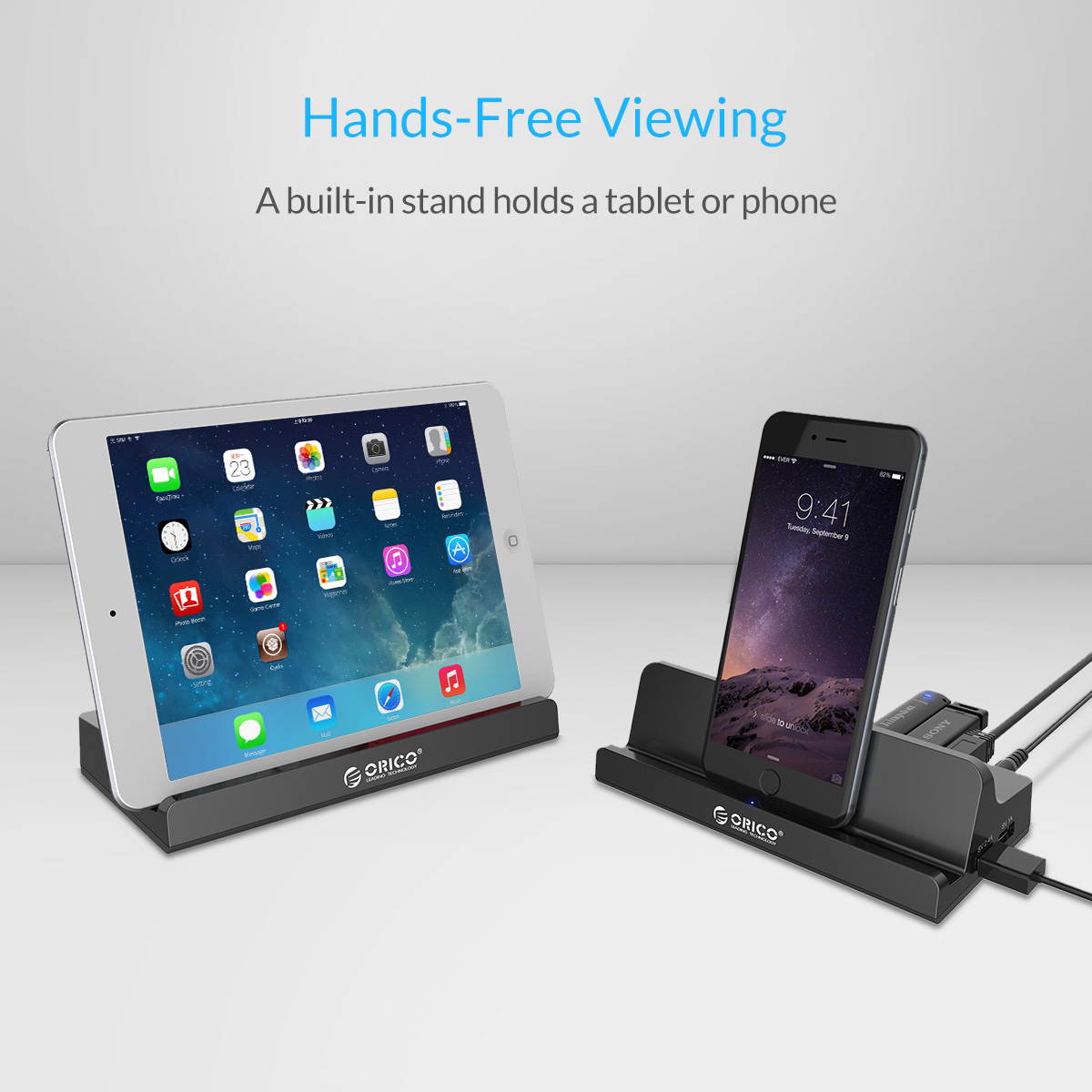 ORICO 4 Port USB3.0 HUB Universal Docking Station and 2 USB Charging Ports with Phone Stand for Surface 3.3Ft. USB3.0 Cable 12V Power Adapter for Desktop /Laptop /Notebook - Black