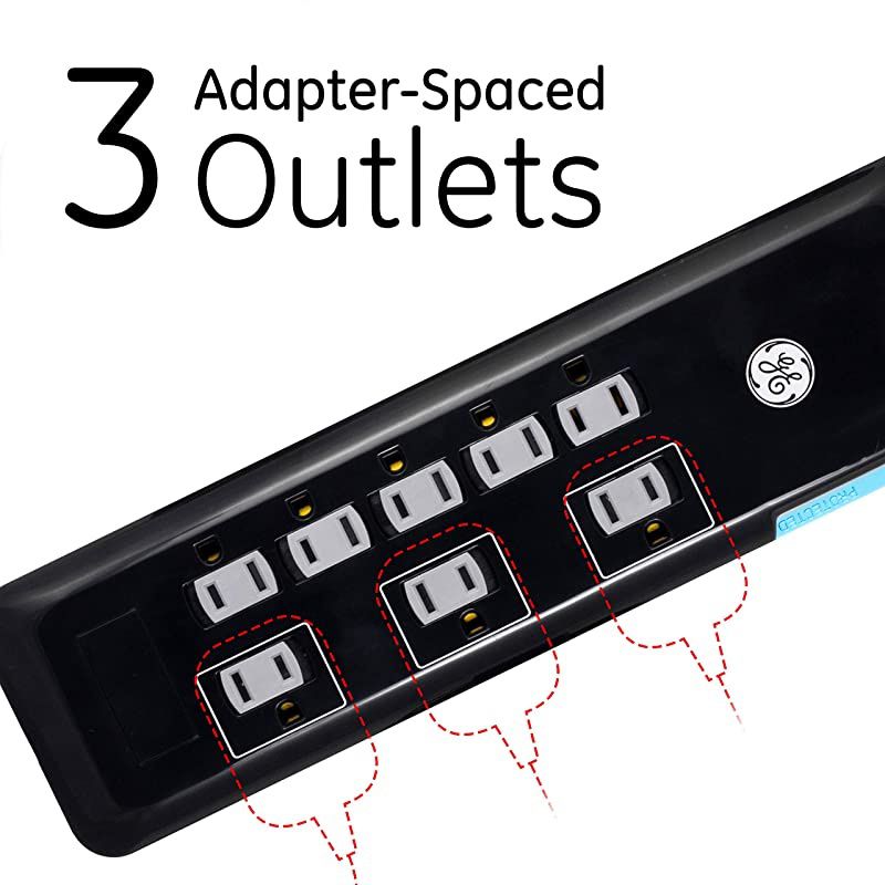 Sur Protector 8 Outlet Power Strip ExtraLong 8ft Power Cord Flat Plug Power Filter Circuit Breaker 2160 Joules Warranty Black 37870