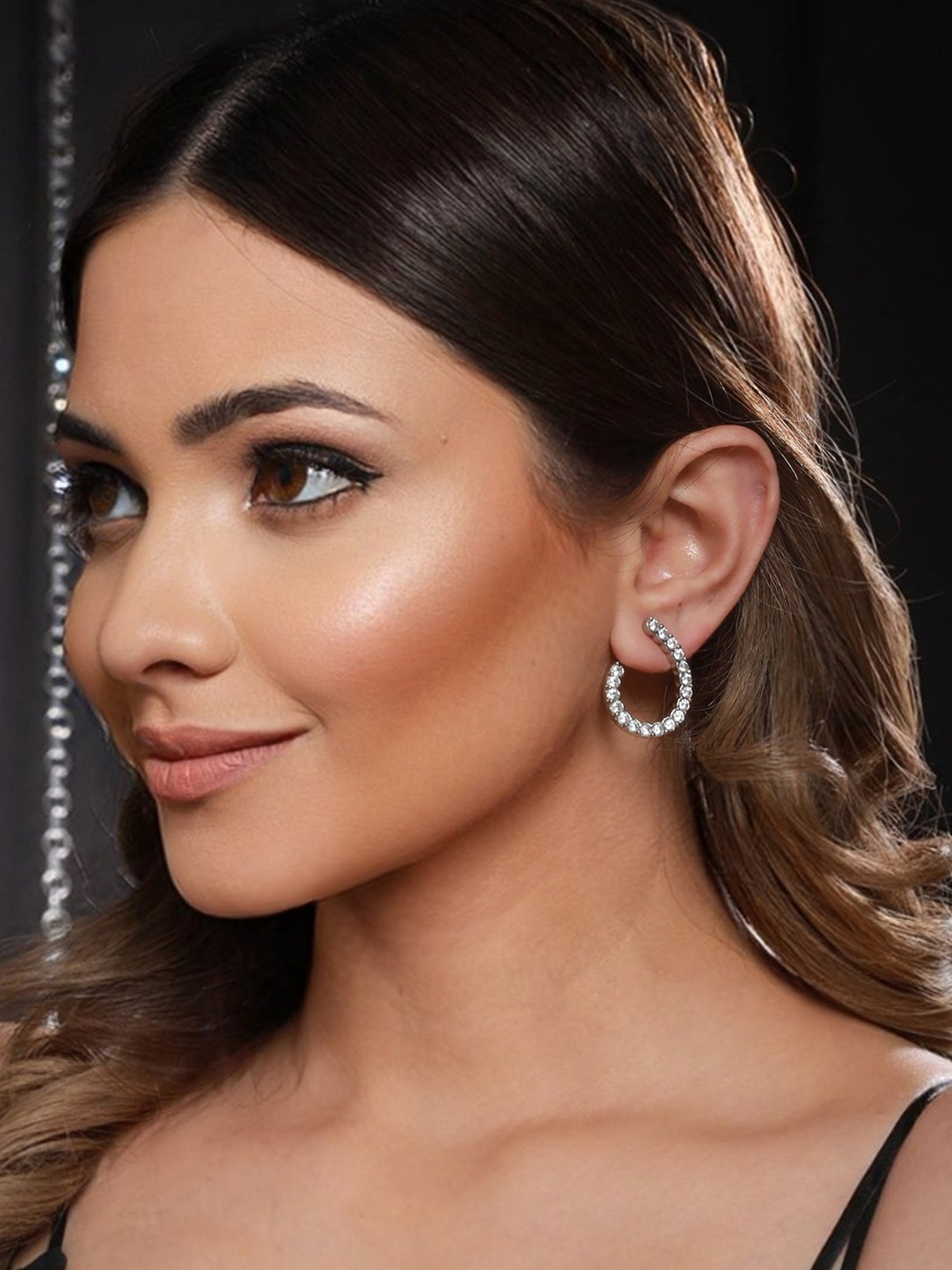 Saraf RS Jewellery Silver Toned AD studded Hoop Earrings