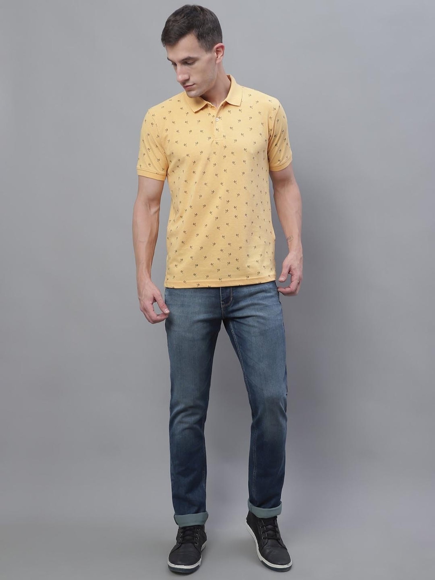 Cantabil Yellow Regular Fit Printed Polo T-Shirt