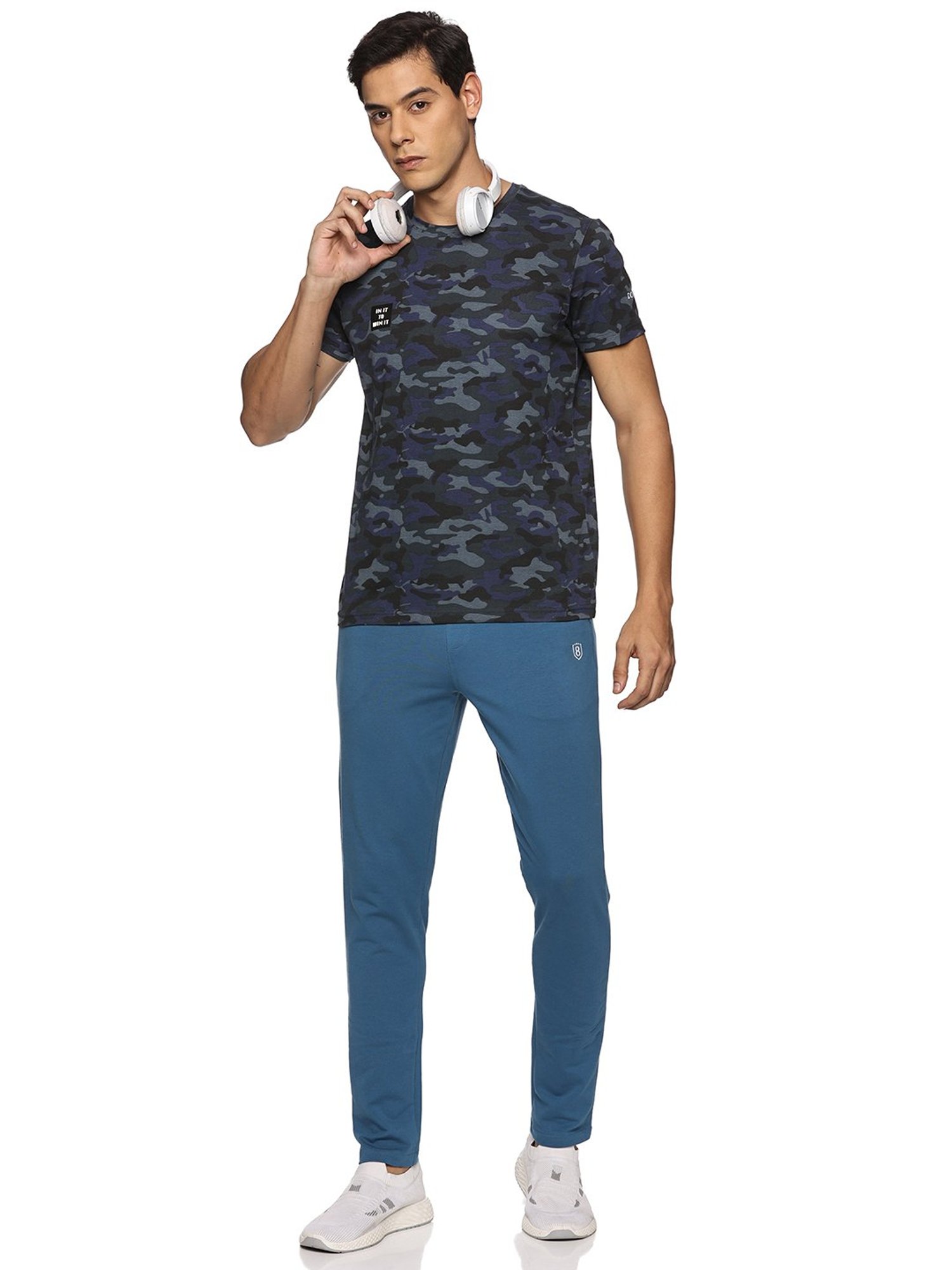 DOMIN8 Men Cotton Regular Fit Round Neck Camouflage Blue Sports T-Shirt