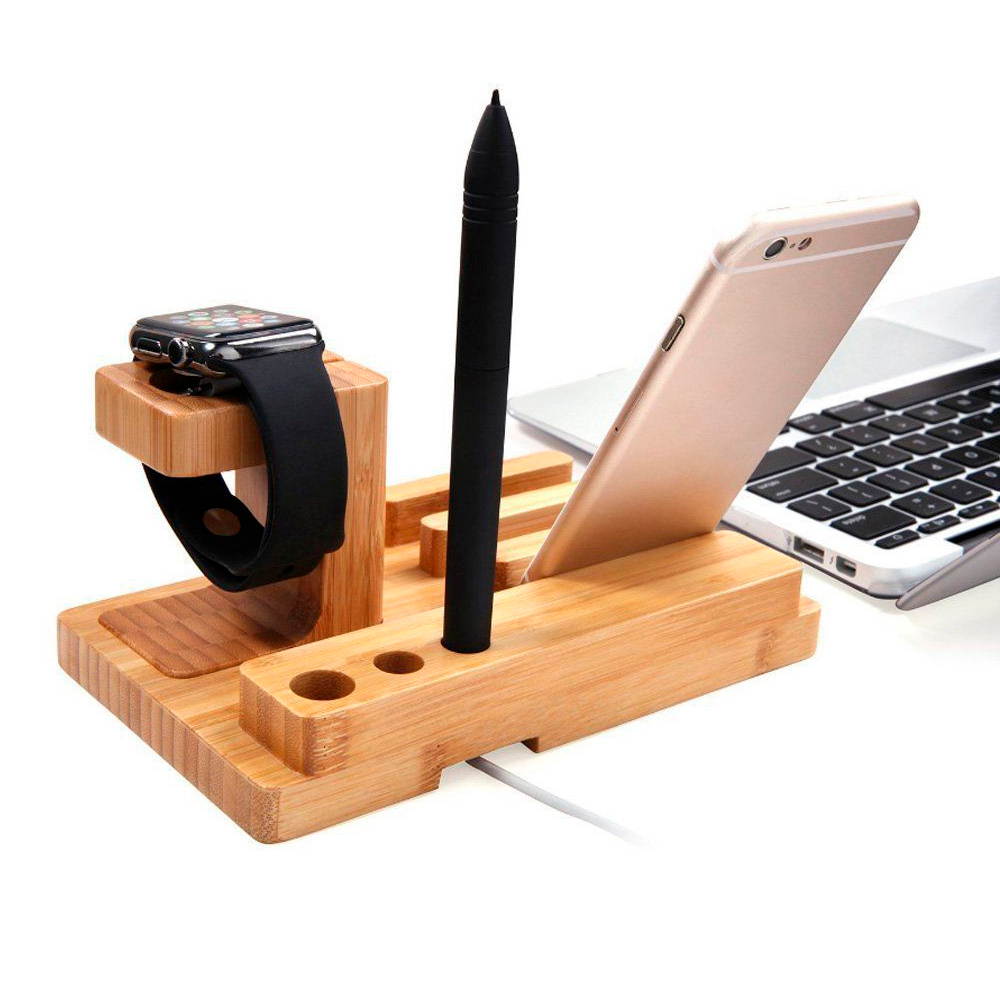 Mignova Multiple Devices Charging Dock Station,Bamboo Wood Stand iPhone Charging Dock with 3 X Phone & Tablet Holders 1 X Watch Holder 3 X Pen Holders for Smartphone,Tablet,Watch,Pen